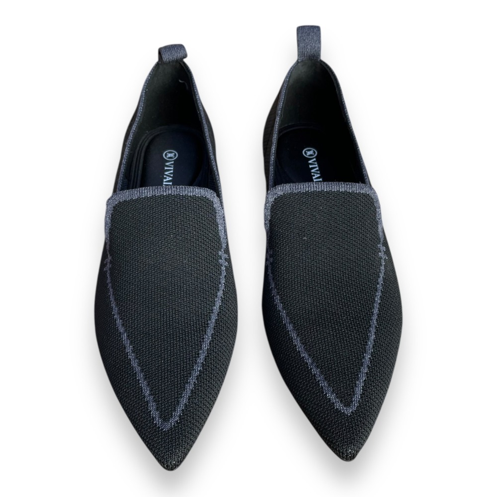 Vivaia Margot Pointed Toe Knit Loafers Black Grey Block‎ Heel Shoes EU 37 US 6.5